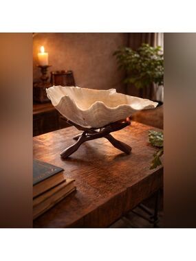 RARE Natural Large Under The Sea Clam Oyster Shell Bowl w/ Wooden Display Stand